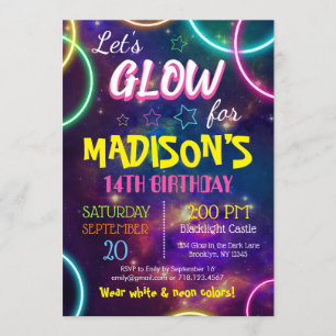 Shiny Neon Glow Birthday Party Custom RSVP Invitation