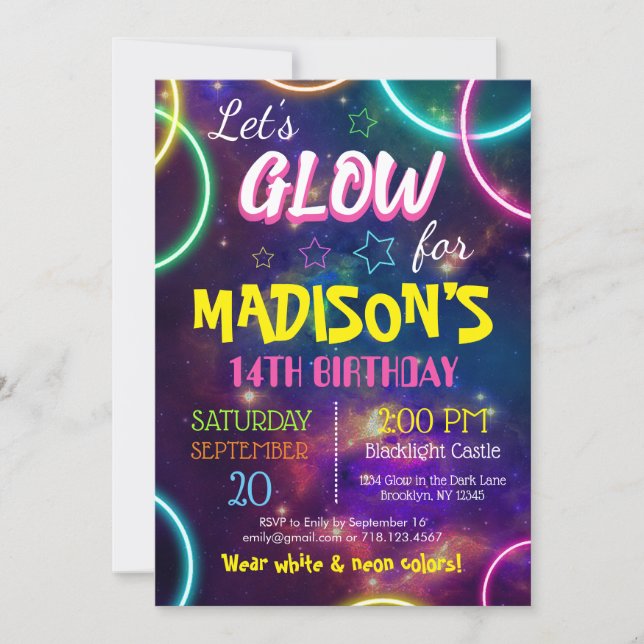 Shiny Neon Glow Birthday Party Custom RSVP Invitation (Front)