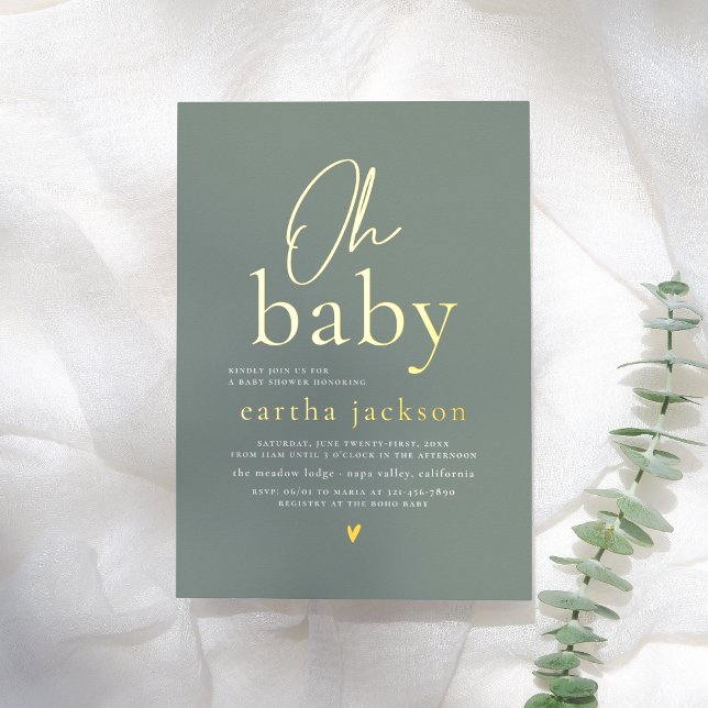 Shiny Oh Baby Script Sage Green Boho Baby Shower Foil Invitation (Creator Uploaded)