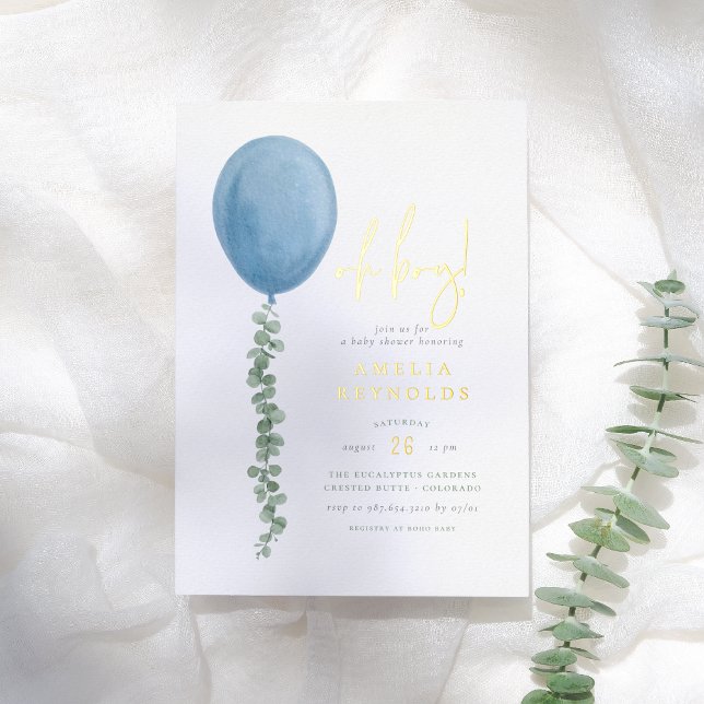 Shiny Oh Boy Eucalyptus Balloon Baby Shower Foil Invitation (Creator Uploaded)