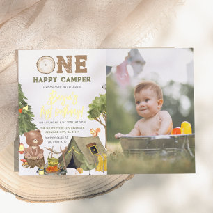 Shiny One Happy Camper Bear Photo Boy 1st Birthday Foil Invitation