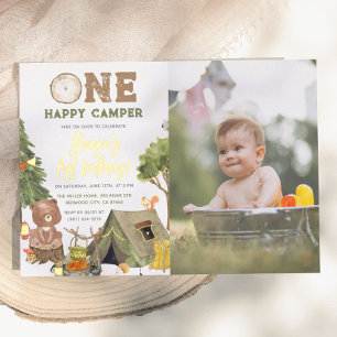 Shiny One Happy Camper Bear Photo Boy 1st Birthday Foil Invitation