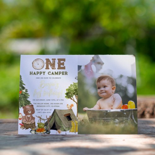 Shiny One Happy Camper Bear Photo Boy 1st Birthday Foil Invitation