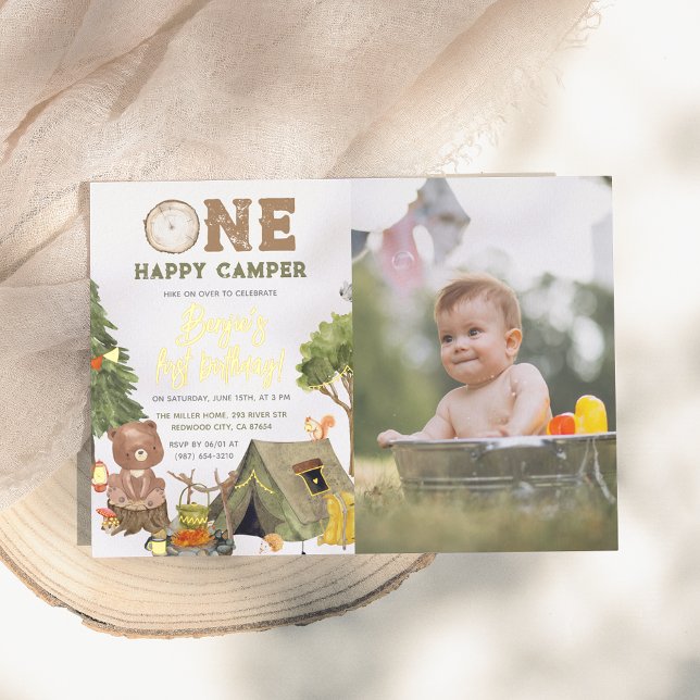 Shiny One Happy Camper Bear Photo Boy 1st Birthday Foil Invitation (Creator Uploaded)