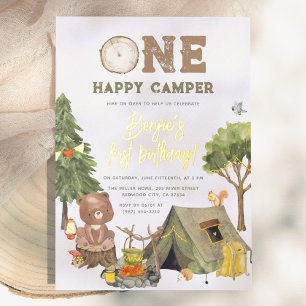 Shiny One Happy Camper Wood Bear Boy 1st Birthday Foil Invitation