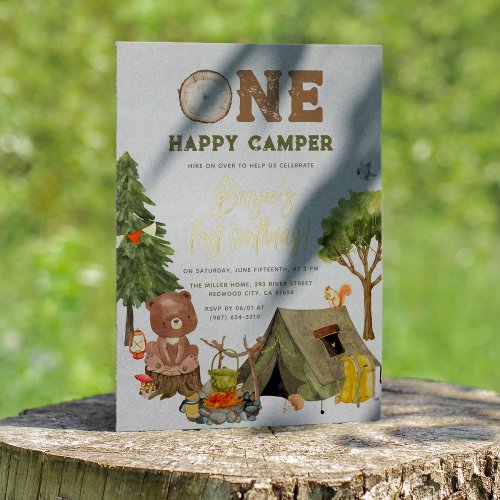 Shiny One Happy Camper Wood Bear Boy 1st Birthday Foil Invitation