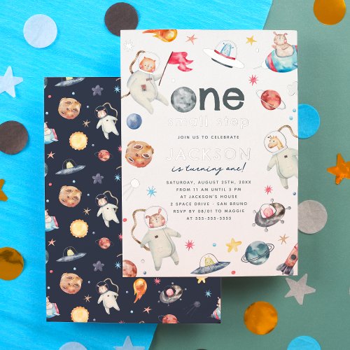 Shiny One Small Step Space 1st Birthday Party Foil Invitation