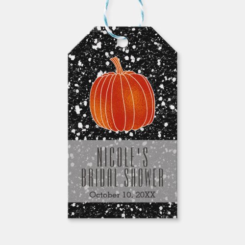 Shiny Orange Autumn Pumpkin Black Glitter Favor Gift Tags