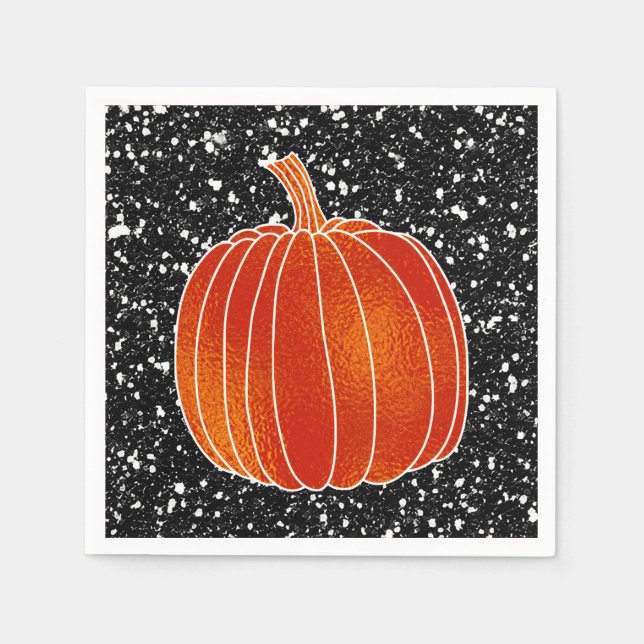 Shiny Orange Autumn Pumpkin Black Glitter Party Napkins (Front)