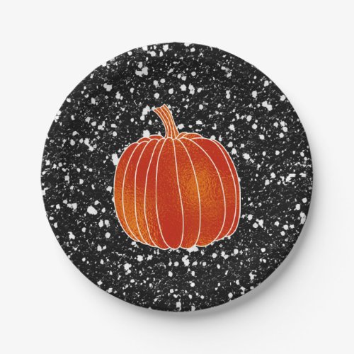 Shiny Orange Autumn Pumpkin Black Glitter Party Paper Plates