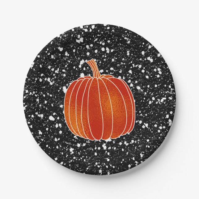 Shiny Orange Autumn Pumpkin Black Glitter Party Paper Plates (Front)