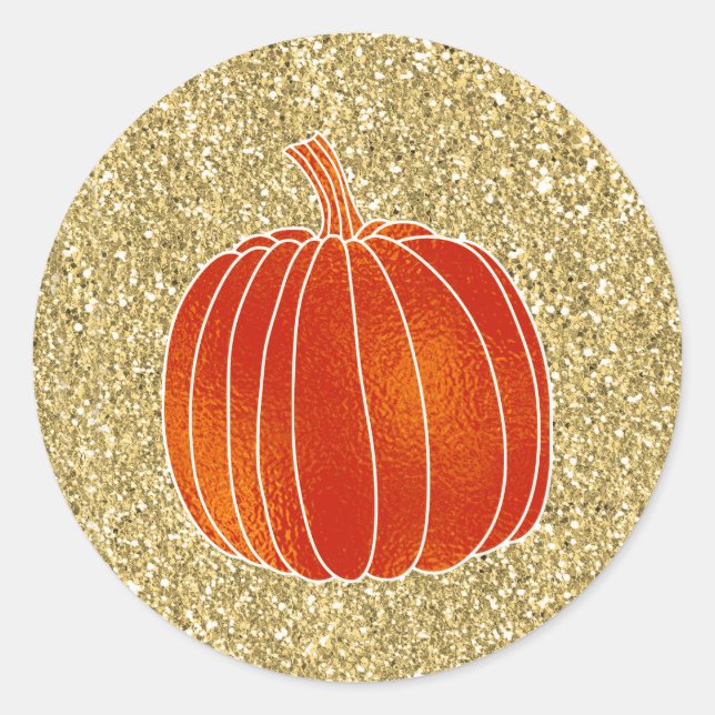 Shiny Orange Autumn Pumpkin Gold Glitter Favor Classic Round Sticker (Front)