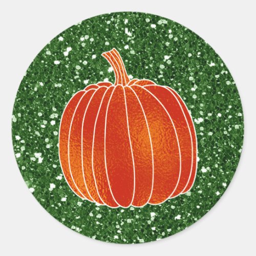 Shiny Orange Autumn Pumpkin Green Glitter Favor Classic Round Sticker