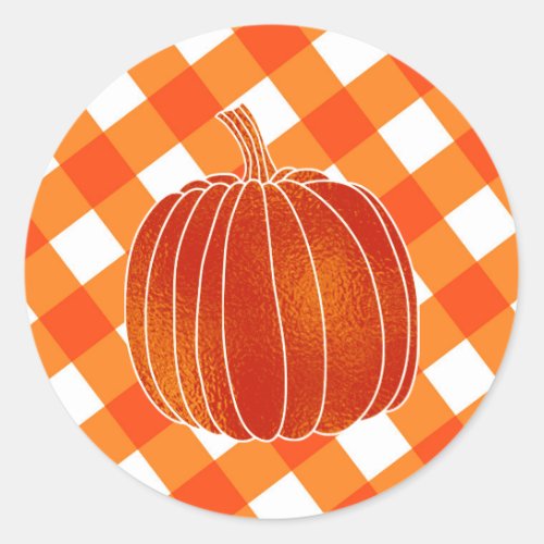 Shiny Orange Autumn Pumpkin Plaid Checkers Favor Classic Round Sticker