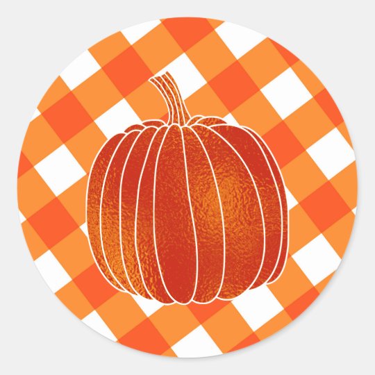Shiny Orange Autumn Pumpkin Plaid Checkers Favor Classic Round Sticker ...