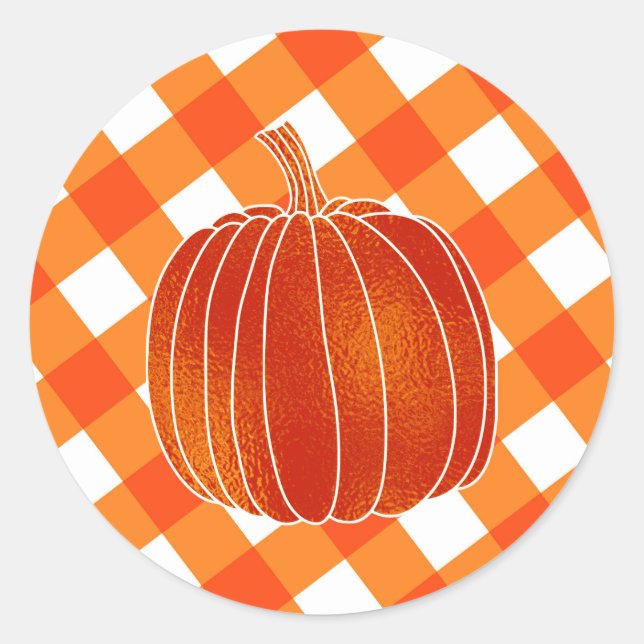 Shiny Orange Autumn Pumpkin Plaid Checkers Favor Classic Round Sticker (Front)