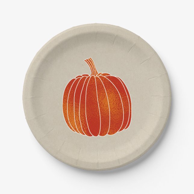 Shiny Orange Autumn Pumpkin Rustic Kraft Party Paper Plates (Front)