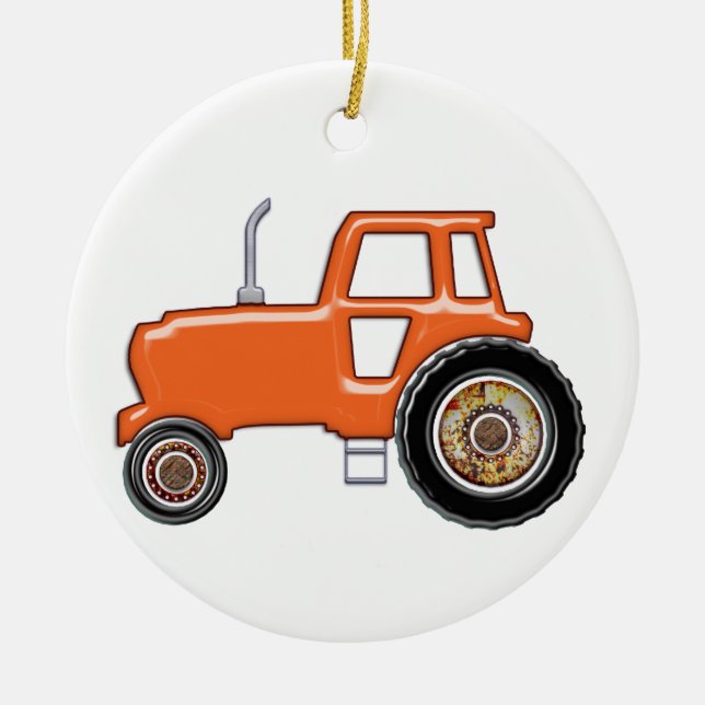 Shiny Orange Tractor Ceramic Ornament (Front)