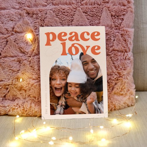 Shiny Peace Love Retro Groovy Arch Christmas Photo Foil Holiday Card