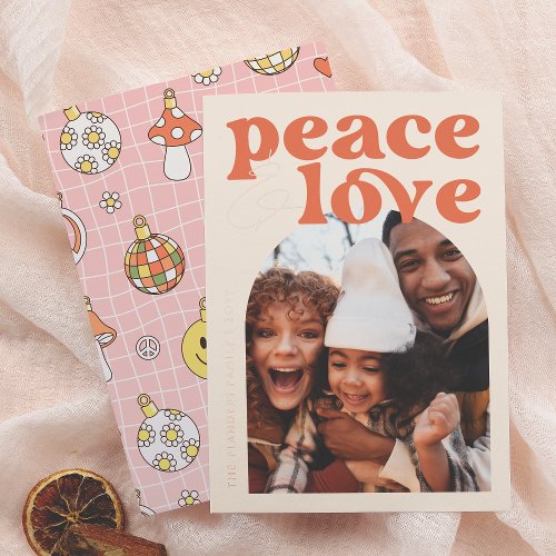 Shiny Peace Love Retro Groovy Arch Christmas Photo Foil Holiday Card