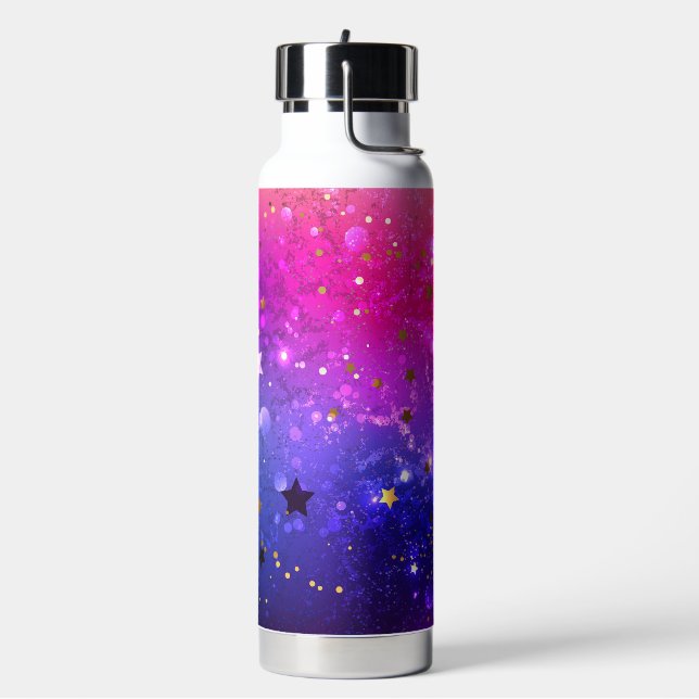 Shiny Pink Blue Background Water Bottle (Left)