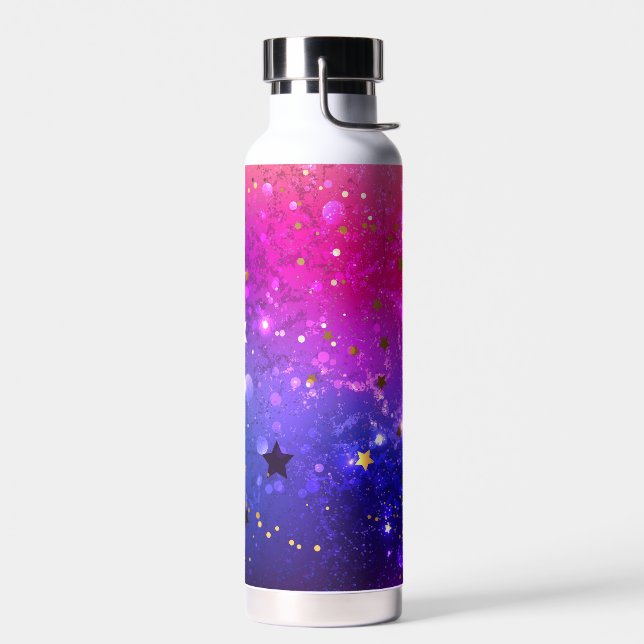 Shiny Pink Blue Background Water Bottle (Left)