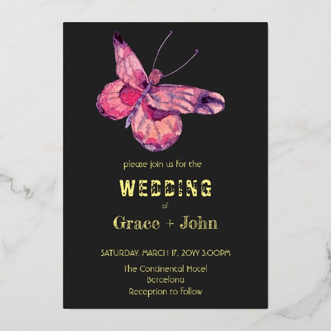 Shiny Pink Butterfly Foil Invitation (Front)