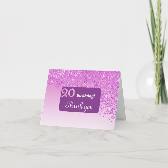 Shiny Pink Glitter, 20th Birthday Thank You Card (Front)