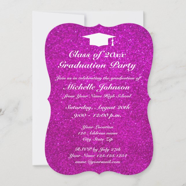 Shiny pink glitter graduation party invitations (Front)