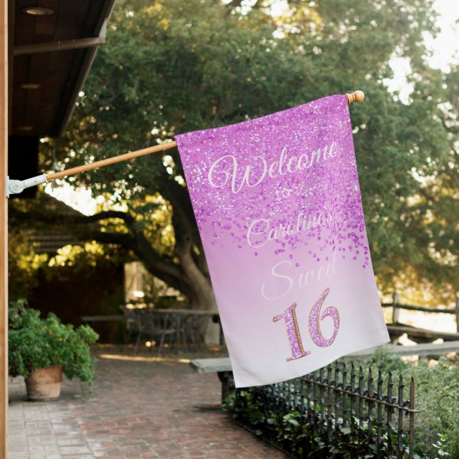 Shiny Pink Glitter Sweet 16 Birthday Welcome House Flag (In SItu)