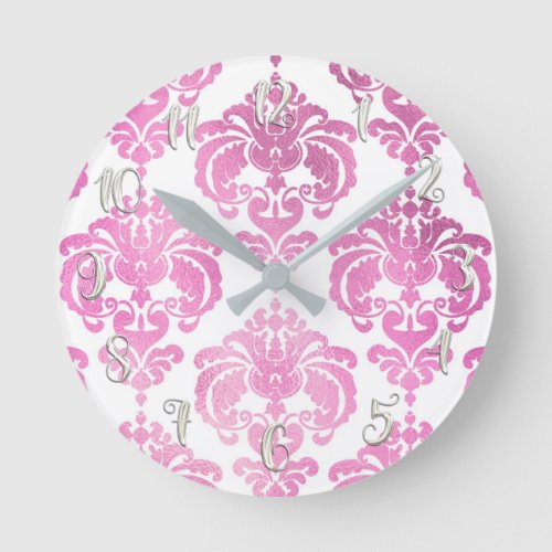 Shiny Pink  White Damask Modern Personalized Round Clock