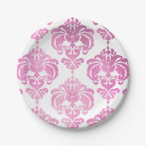 Shiny Pink  White Damask Vintage Wedding Event Paper Plates