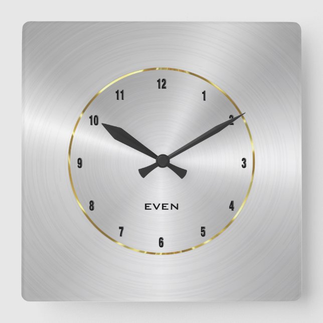 Shiny polished metallic silver with gold circle square wall clock (Front)