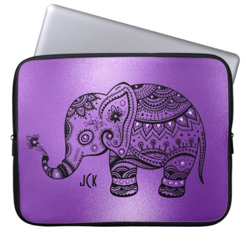 Shiny Purple Background Black Tribal Elephant Laptop Sleeve