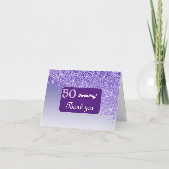 Shiny Purple Glitter, 50th Birthday Thank You Card (Front)