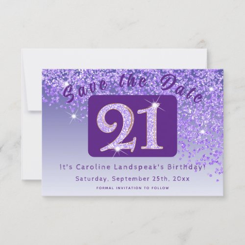 Shiny Purple Glitter for 21st Birthday  Save The Date