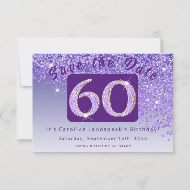 Shiny Purple Glitter for 60th Birthday Save The Date (Front)