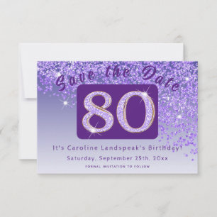 Shiny Purple Glitter for 80th Birthday Save The Date