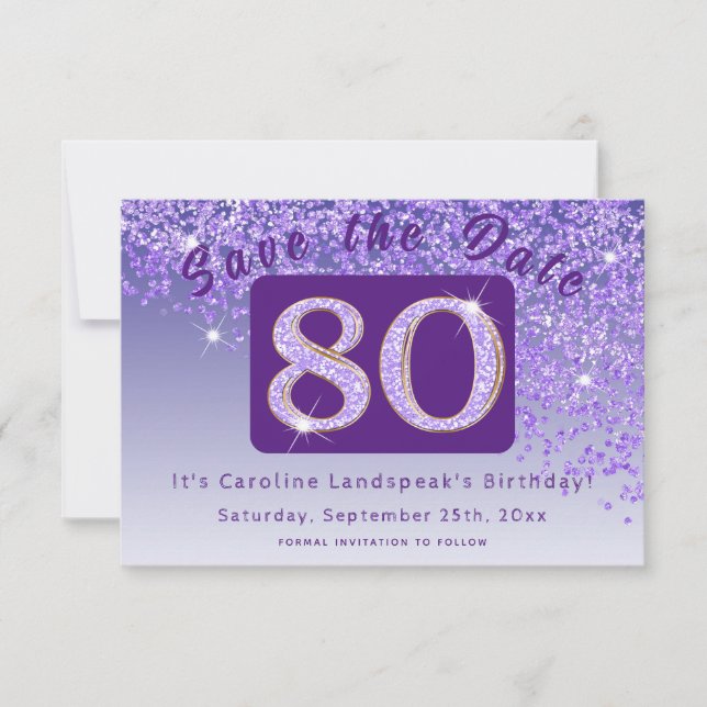 Shiny Purple Glitter for 80th Birthday Save The Date (Front)