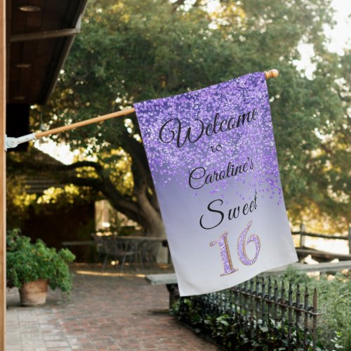 Shiny Purple Glitter Sweet 16 Birthday Welcome House Flag