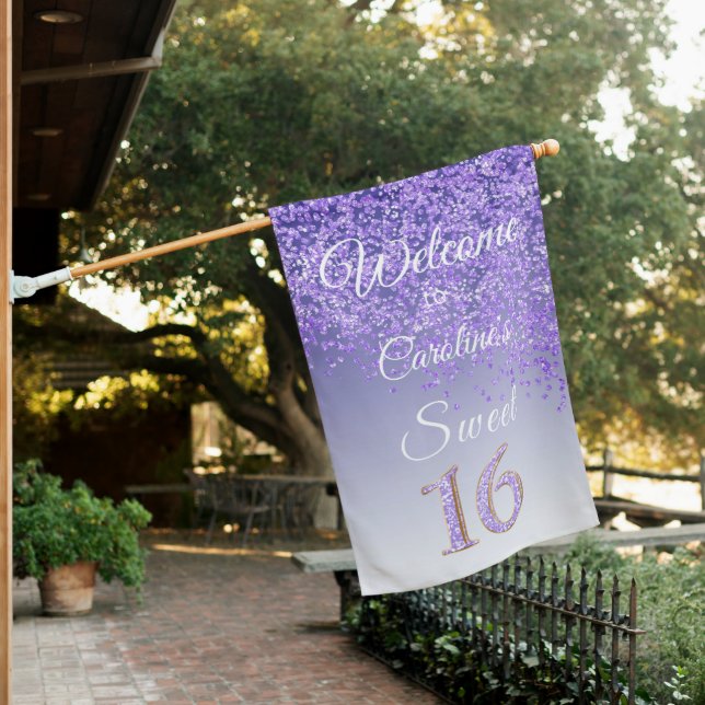 Shiny Purple Glitter Sweet 16 Birthday Welcome House Flag (In SItu)