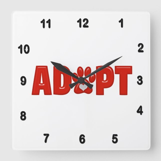 Shiny Red ADOPT Animal Paw Print with White Heart Square Wall Clock (Front)