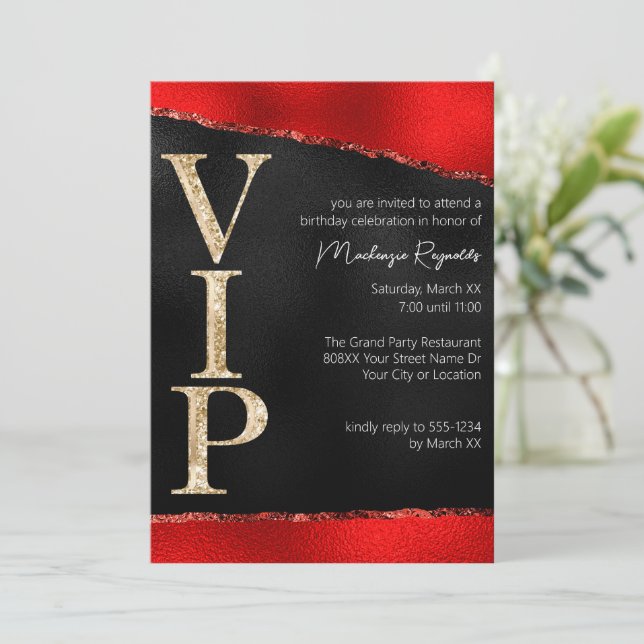 Shiny Red and Gold Glitter Glamorous VIP Party Invitation (Standing Front)