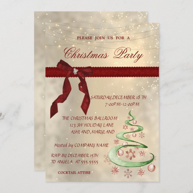 Shiny,Red Bow,Tree,Balls Corporate Christmas Party Invitation (Front/Back)