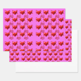 Shiny Red Hearts and Love Script Romantic Pink Wra Wrapping Paper Sheets