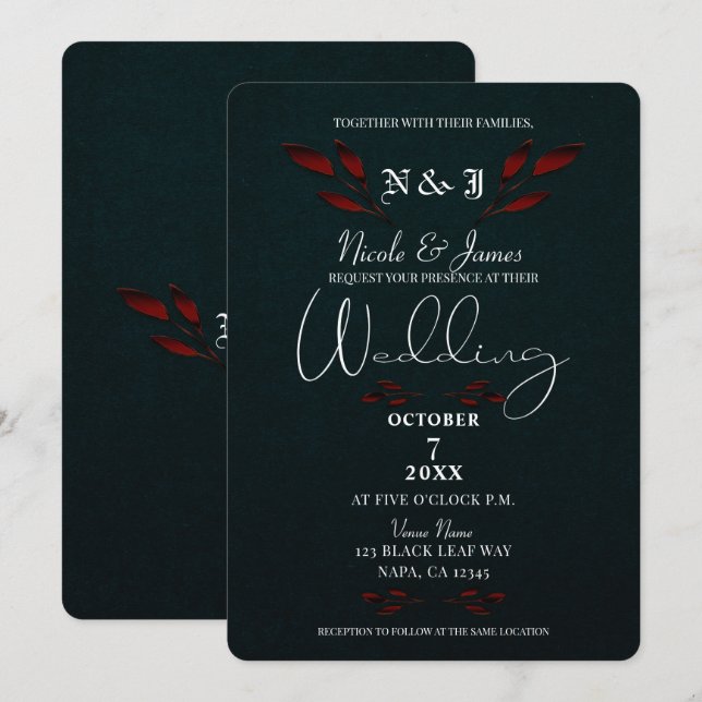 Shiny Red Leaves Black Modern Glam Gothic Wedding Invitation (Front/Back)