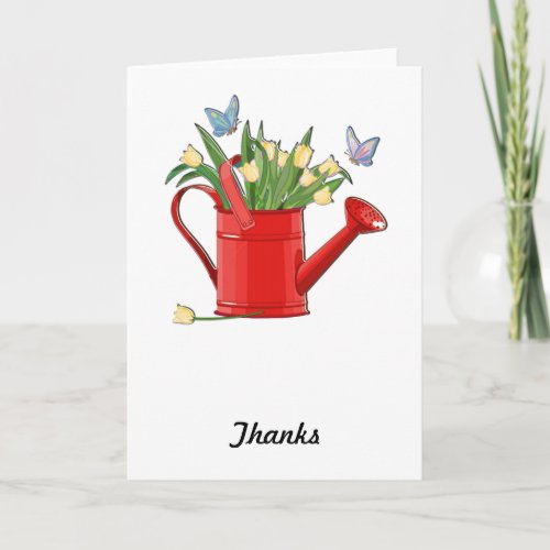 Shiny Red Watering Can with Yellow Tulips Thank You Card