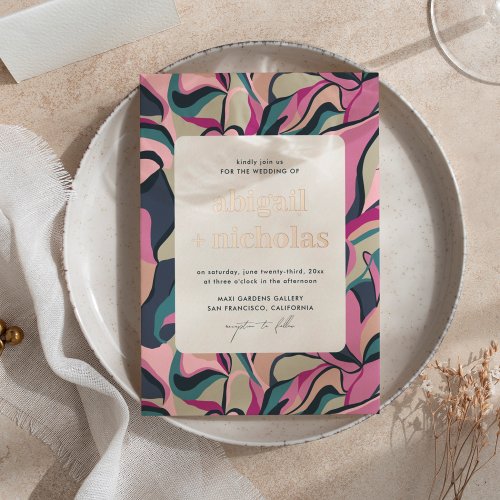 Shiny Retro Groovy Colorful Abstract Wedding Foil Invitation
