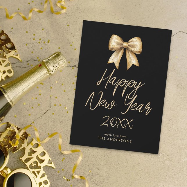 Shiny Ribbon Happy New Year Black Background Holiday Card (Creator Uploaded)