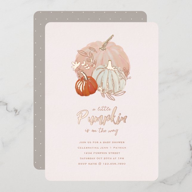 Shiny Rose Gold and Pink Pumpkin Baby Shower  Foil Invitation (Front/Back)